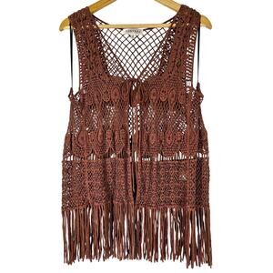 KONTROL CONTEMPORARY BROWN CROCHET FRINGE VEST – SIZE LARGE